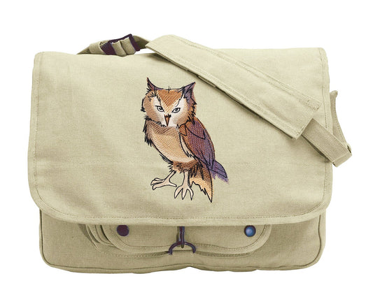 Painted Owl Embroidered Canvas Messenger Bag