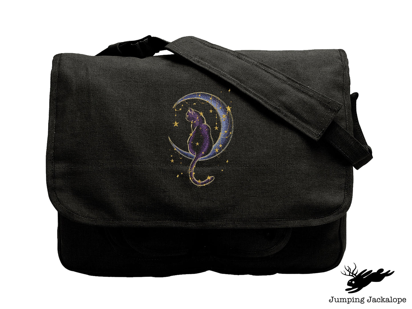Under the Stars Kitty Embroidered Canvas Messenger Bag,  Cat Bag, Cat Moon Bag