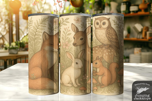 Soft Woodland Animal Tumbler – Fox, Bunny, Owl & Deer in Pastel Forest