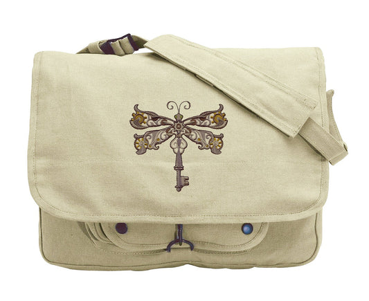 Steampunk Dragonfly Embroidered Canvas Messenger Bag