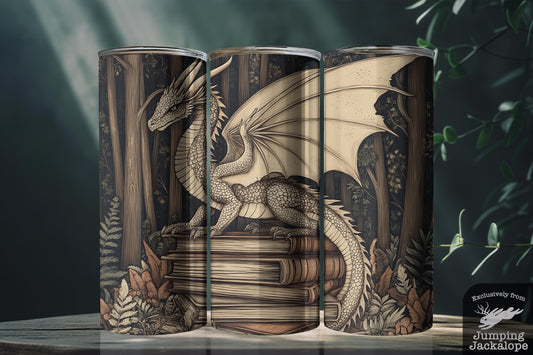 Mystical Forest Dragon Tumbler – 20oz Cream-Winged Serpent on Books | Enchanted Woodland Fantasy Drinkware