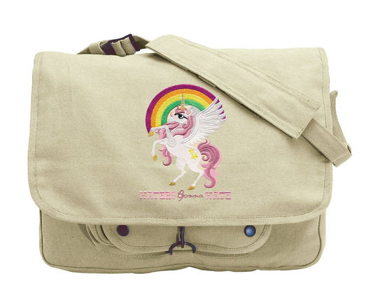 Haters Gonna Hate Fabulous Unicorn Embroidered Canvas Messenger Bag