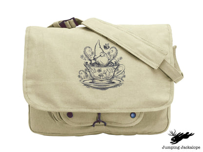 A Day at the Spa Teacup Gnome, Gnome Embroidered Canvas Messenger Bag, Gnome Bag