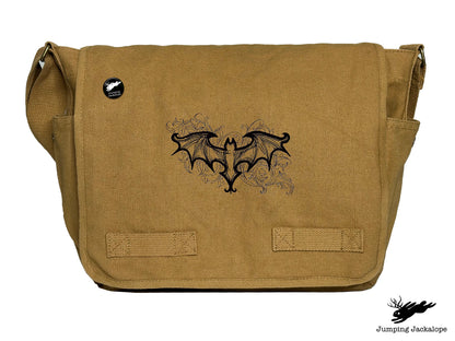 Elegant Bat Design Embroidered Classic Canvas Messenger Bag