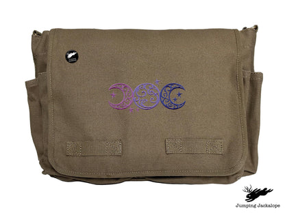 Triple Moon Design Embroidered Classic Canvas Messenger Bag,