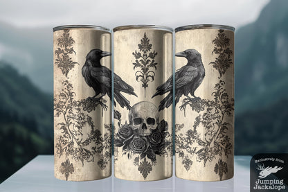 Crossed Shadows Raven Tumbler – 20oz Gothic Skull & Cross Drinkware | Elegant Macabre Aesthetic