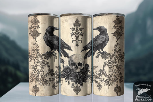Crossed Shadows Raven Tumbler – 20oz Gothic Skull & Cross Drinkware | Elegant Macabre Aesthetic