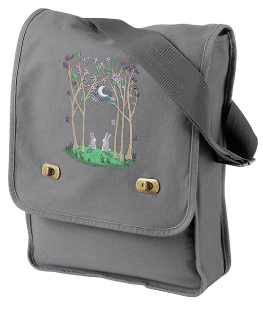 Moonlit Spring Rabbit Bunny Crescent Moon Embroidered Canvas Field Bag