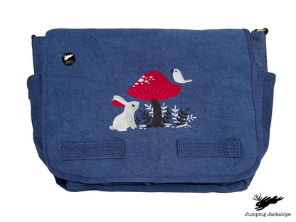 A Curious Find Bunny and Mushroom Design Embroidered Classic Canvas Messenger Bag