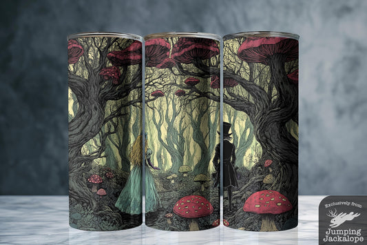 Whispers in Wonderland Tumbler – Alice & Hatter in Mushroom Grove | 20oz Sublimated Fantasy Cup