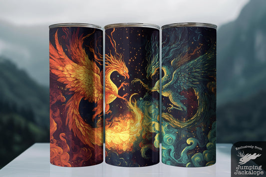 Balance of Flame Tumbler – 20oz Phoenix vs. Dragon Celestial Energy | Epic Fantasy Illustration
