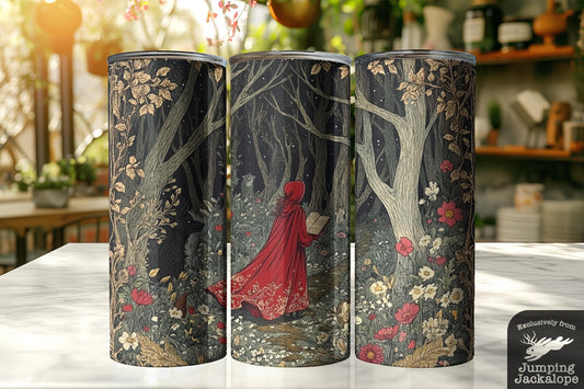 Storybook Red Riding Hood Tumbler – 20oz Enchanted Forest with Hidden Wolf & Golden Leaves