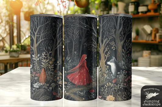 Dark Forest Red Riding Hood Tumbler – 20oz Storybook Illustration with Wolf Encounter