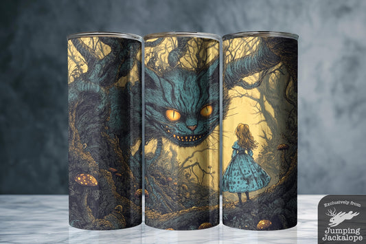 Whimsy & Shadows Tumbler – Alice and Cheshire Cat in Twisted Woods | 20oz Sublimated Gothic Drinkware