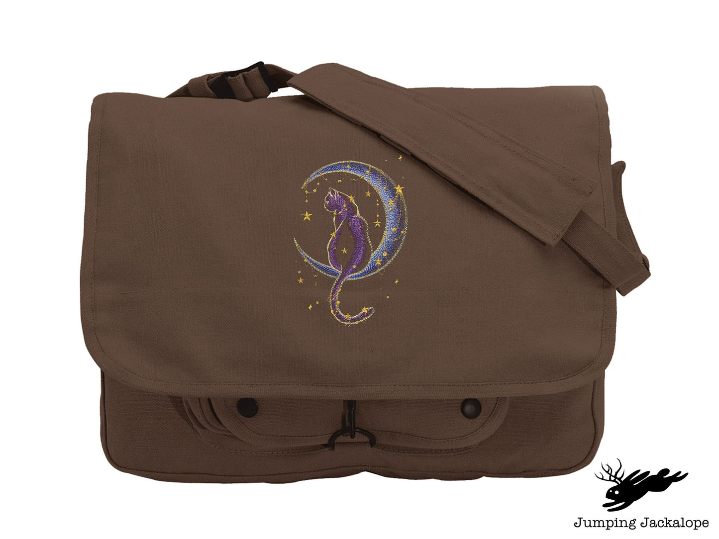Under the Stars Kitty Embroidered Canvas Messenger Bag,  Cat Bag, Cat Moon Bag