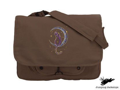 Under the Stars Kitty Embroidered Canvas Messenger Bag,  Cat Bag, Cat Moon Bag