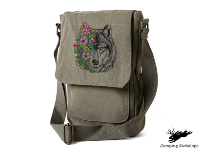 Wolf in Flowers Embroidered Canvas Tech, Tablet, iPad, Kindle, Fire, Camera Bag