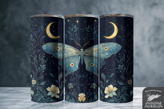 Celestial Moth and Moon Tumbler – 20oz Whimsical Night Garden Drinkware | Dark Cottagecore Aesthetic