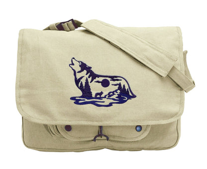 Wolf Silhouette Scene Embroidered Canvas Messenger Bag