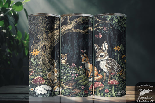 Woodland Guardians Tumbler – 20oz Forest Friends with Mushrooms & Trees | Cottagecore Animal Art Cup