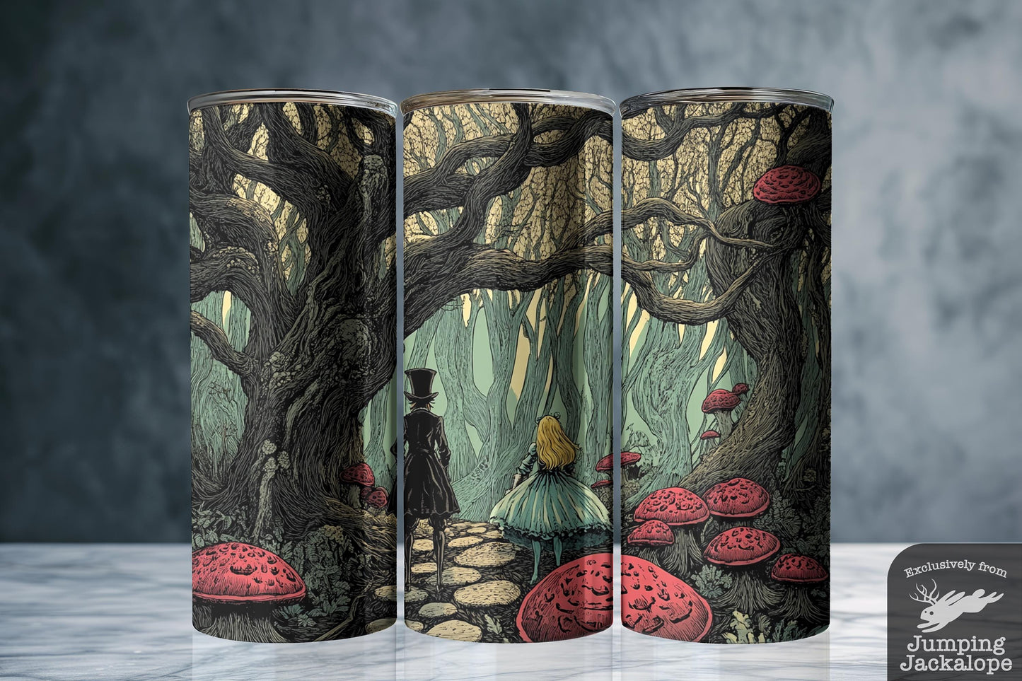 Eerie Forest Encounter Tumbler – Alice and Mad Hatter | 20oz Sublimated Gothic Fantasy Cup