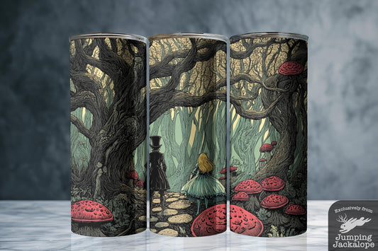 Eerie Forest Encounter Tumbler – Alice and Mad Hatter | 20oz Sublimated Gothic Fantasy Cup