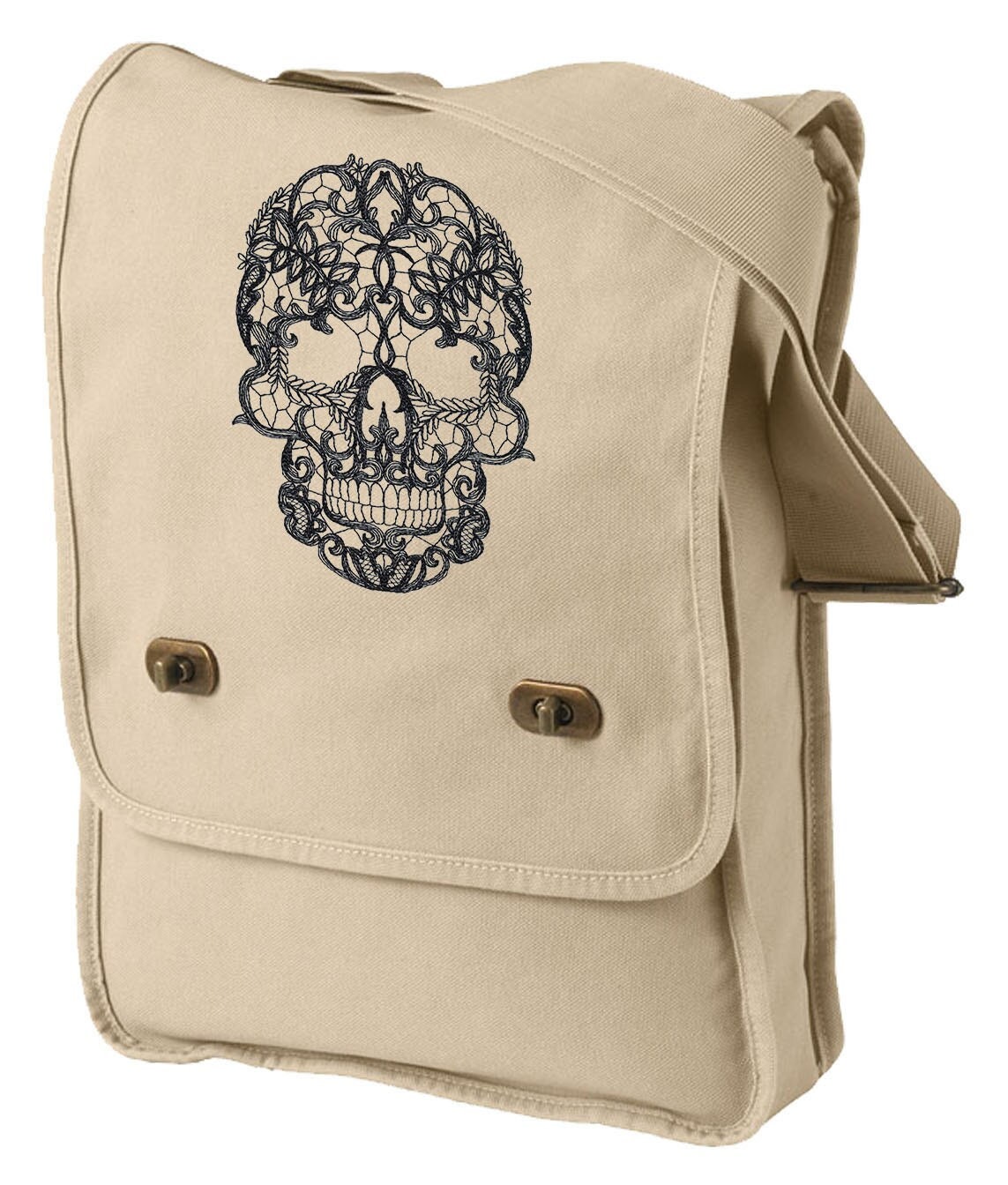 Lacy Skull Embroidered Canvas Field Bag