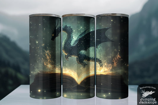 Nightfall Tome Tumbler – 20oz Glittering Dragon Over Spellbook | Dark Enchanted Story Mug