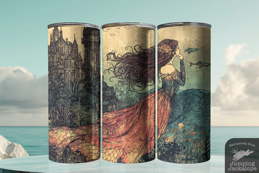Coastal Solitude Mermaid Tumbler – 20oz Serene Fairytale Drinkware | Enchanted Sea Castle Art