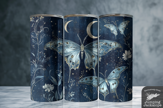Star Whisperer Moth Tumbler – 20oz Blue-Gold Celestial Moth & Moon | Fantasy Nature Travel Cup