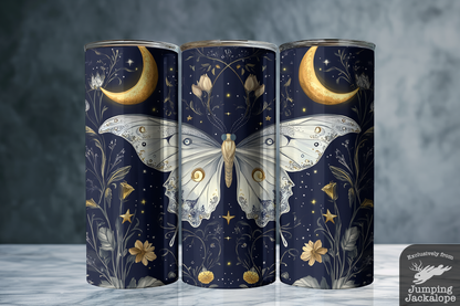 Moonlit Lace Moth Tumbler – Whimsical Floral Night Sky Travel Cup