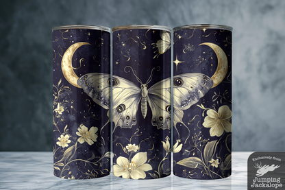 Mystic Moth and Crescent Moon Tumbler – 20oz Floral Fantasy Drinkware | Celestial Gothic Gift