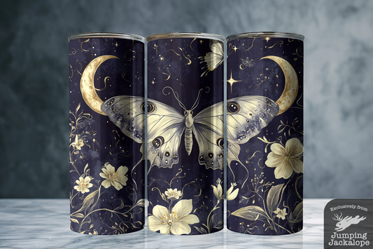 Mystic Moth and Crescent Moon Tumbler – 20oz Floral Fantasy Drinkware | Celestial Gothic Gift