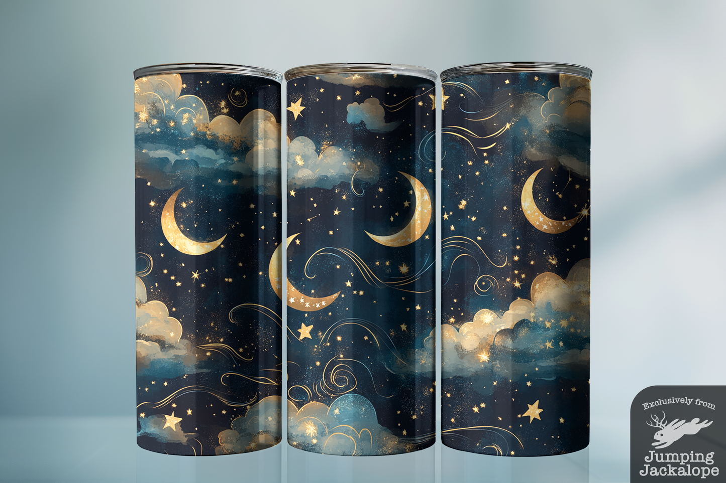 Golden Moons and Stars Tumbler – Night Sky Magic in Navy & Gold