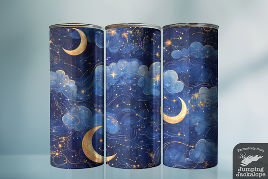 Celestial Dreams Tumbler – Swirling Moons and Starlit Sky Design