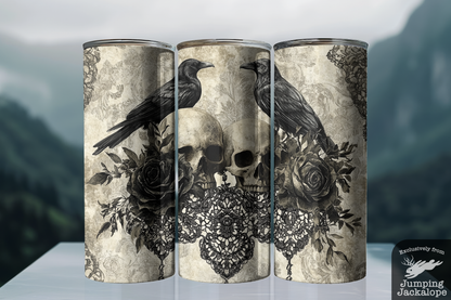 Ravens and Roses Gothic Tumbler – 20oz Skull & Lace Macabre Drinkware | Dark Victorian Art
