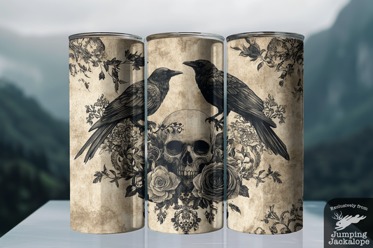 Ravens and Floral Skull Tumbler – 20oz Gothic Drinkware with Roses & Lace | Victorian Macabre Cup