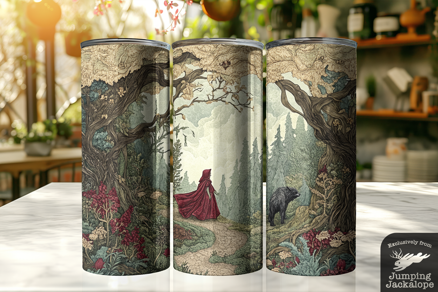 Cottagecore Red Riding Hood Tumbler – 20oz Scenic Fairytale with Gothic Trees & Wolf