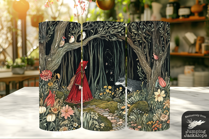 Red Riding Hood in the Twilight Garden – 20oz Whimsical Wolf Tumbler | Enchanted Forest Cottagecore Drinkware