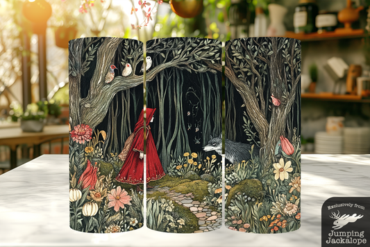 Red Riding Hood in the Twilight Garden – 20oz Whimsical Wolf Tumbler | Enchanted Forest Cottagecore Drinkware