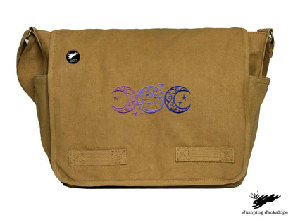Triple Moon Design Embroidered Classic Canvas Messenger Bag,