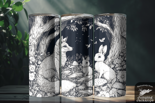 Twilight Woodland Tumbler – 20oz Black & White Forest Animal Illustration | Celestial Forest Creatures Drinkware