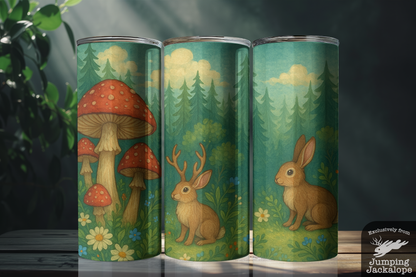 Jackalope Dreams Tumbler – 20oz Whimsical Woodland Bunny & Mushroom Scene | Storybook Forest Art Cup