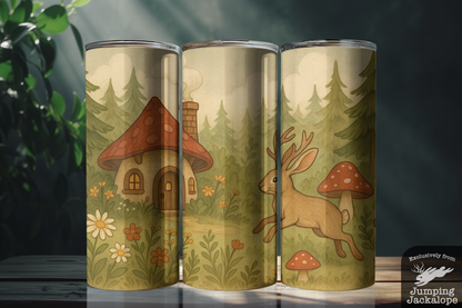 Whimsical Woodland Cottage Tumbler – Jackalope & Mushroom House Fantasy Art